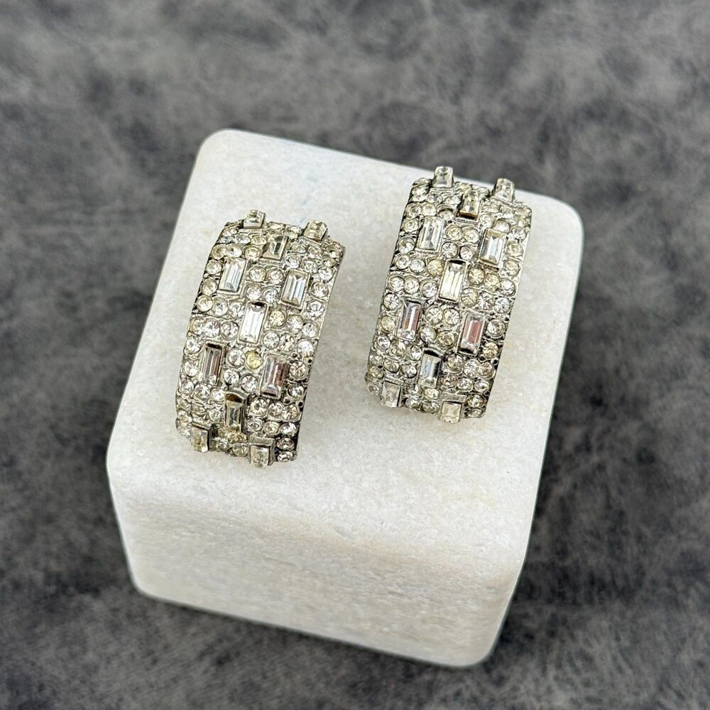 Large Kenneth Jay Lane Clear Rhinestone Silver-tone Half Hoop Clip Earrings VTG